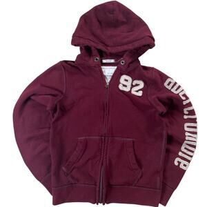 ABERCROMBIE & FITCH Maroon Spellout Hoodie Muscle Zip Sz XL Kids Fits Small